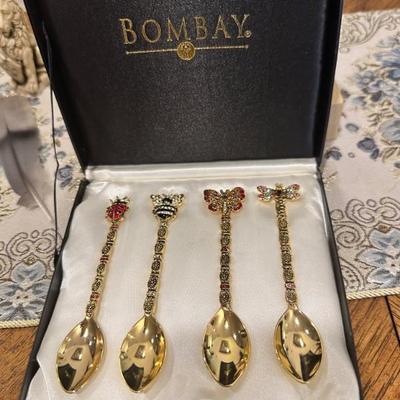 UNIQUE Bombay 4 jeweled Demitasse spoons - shapes include butterfly, ladybug, dragon fly & bee.  
