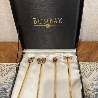 MATCHING Bombay 4 jeweled Demitasse forks - shapes include butterfly, ladybug, dragon fly & bee.  