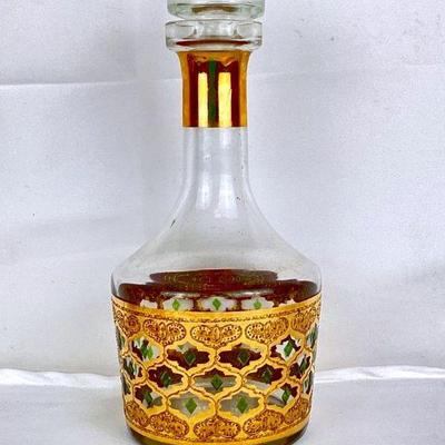 RIHI963 Culver MCM Glass Decanter & Stopper	Vintage Culver Valencia glass decanter & stopper, green & gold, Hollywood regency, Mid -...