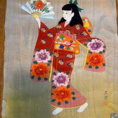 Japan Kimono Girl Painting on Silk. Not framed.