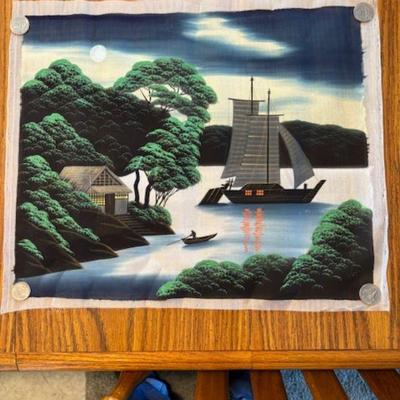 Japanese Seascape Boats & Building on Silk.Not Framed.