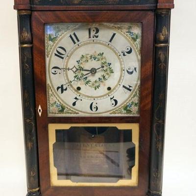 1224	M&E BLAKESEE SHELF CLOCK W/PAINT DECORATED CREST & COLUMN, GEAR HAS TOOTH BROKEN, APPROXIMATELY 5 IN X 17 IN X 31 IN HIGH
