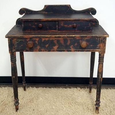 1264	ANTIQUE COUNTRY GRAIN PAINTED & STENCILED 3 DRAWER DRESSING TABLE W/SCROLLED BACK SPLASH & TURNED LEGS, APPROXIMATELY 15 I X 32 IN X...