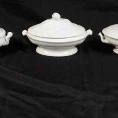 1140	GROUP OF 5 IRONSTONE COVERED TUREENS INCLUDING WILLETS, T&R POOTE, WEDGWOOD, BRIDGEWOOD & CLARK, LARGEST APPROXIMTELY 7 1/2...