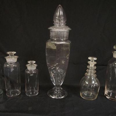1296	LOT OF 6 INCLUDING 5 APOTHOCARY JARS & ONE BOTTLE W/3 NECK RINGS, LARGEST APPROXIMATELY 21 IN
