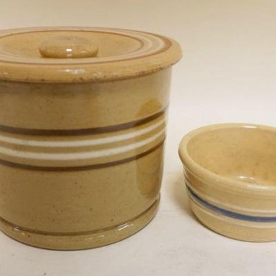 1158	YELLOWARE COVERED JAR & SMALL BOWL, JAR APPROXIMATELY 6 IN X 5 IN HIGH
