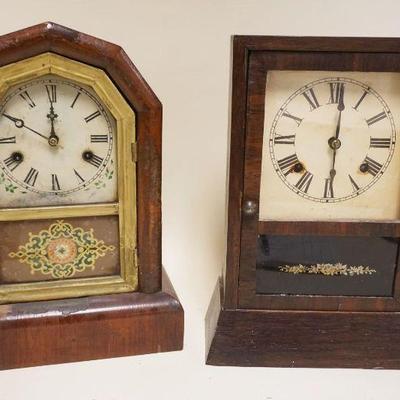 1297	2 ANTIQUE SHELF CLOCKS, SOME VENEER LOSS, TALLEST APPROXIMATELY 13 1/4 IN HIGH
