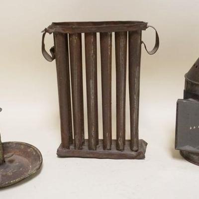 1098	ANTIQUE TIN CANDLE MOLD, PUSH UP CANDLESTICK, & PIERCED TIN CANDLE LANTERN, TALLEST APPROXIMATELY 10 1/4 IN
