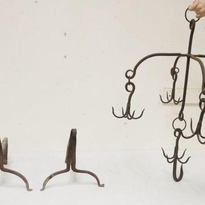 1127	PAIR OF HAND FORGED FIREPLACE ANDIRONS & HANGING MEAT HOOK
