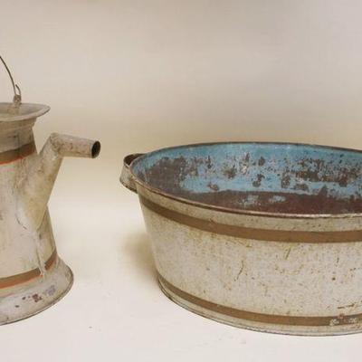 1094	ANTIQUE COUNTRY TIN WATER PITCHER & OVAL WASH BASIN, PITCHER APPROXIMATELY 17 IN HIGH
