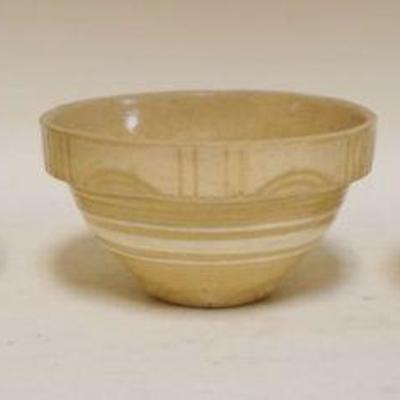 1157	LOT OF 3 SMALL YELLOWARE BOWLS W/BROWN & CREAM COLLAR BANDING, APPROXIMATELY 3 IN X 6 IN
