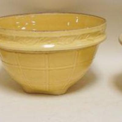 1151	LOT OF 3 EMBOSSED YELLOWARE MIXING BOWLS, LARGEST APPROXIMATELY 10 IN X 6 IN HIGH
