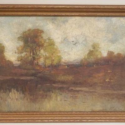 1174	ANTIQUE OIL PAINTING ON CANVAS, LANDSCAPE, ARTIST SIGNED, SMALL TEAR ON CANVAS, APPROXIMATELY 12 IN X 16 IN OVERALL
