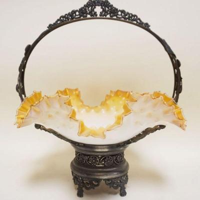 1018	VICTORIAN AMBER HOBNAIL CASED GLASS BRIDES BASKET IN SILVERPLATE FRAME, APPROXIMATELY 18 IN HIGH
