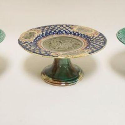 1216	MAJOLICA GROUP OF 3 COMPOTES, PAIR OF GREEN COMPOTES MARKED WEDGWOOD, APPROXIMATELY 8 1/2 IN X 5 IN HIGH
