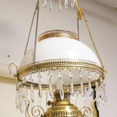 1034	VICTORIAN HANGING BRASS PARLOR LAMP, ELECTRIFIED
