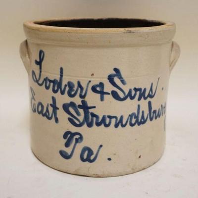1070	LODER & SONS EAST STROUDSBURG PA STONEWARE CROCK, BLUE SCRIPT, APPROXIMATELY 8 IN X 7 IN HIGH
