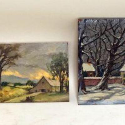 1170	4 SMALL OIL PAINTINGS ON BOARD, LANDSCAPES & FARM SCENES, ARTIST SIGNED S.A. MOSS, APPROXIMATELY 5 IN X 7 IN

