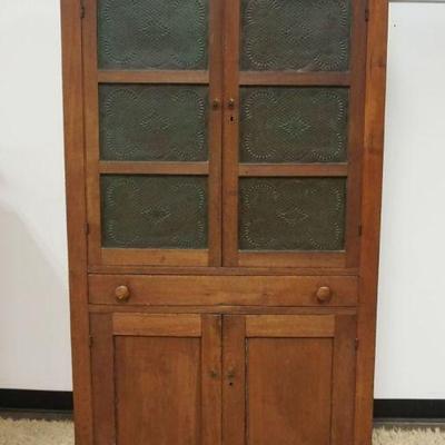 1246	ANTIQUE TIN PIERCED PIE SAFE, 4 DOORS & ONE CENTER DRAWER, APPROXIMATELY 16 IN X 38 IN X 74 IN HIGH
