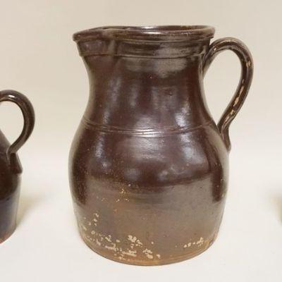 1213	LOT OF 3 BROWN GLAZED STONEWARE BATTER & CREAM PITCHERS, TALLEST APPROXIMATELY 11 IN HIGH
