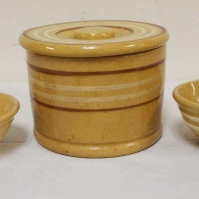 1309	YELLOWARE LOT INCLUDING 2 MINIATURE 5 IN X 2 1/4 IN HIGH BOWLS & 5 IN HIGH COVERED JAR
