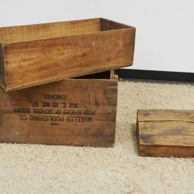 1258A	GROUP OF PINE WOOD BOXES AND SMALL LAP DESK, LARGEST BOX APPROXIMATELY APPROXIMATELY 29 IN X 14 IN X 16 IN
