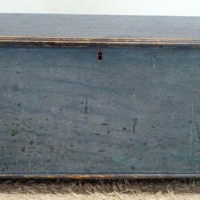 1247A	ANTIQUE DOVETAILED 6 BOARD PINE BLANKET CHEST IN BUTTER MILK BLUE FINISH, APPROXIMATELY 41 IN X 17 IN X 19 IN H
