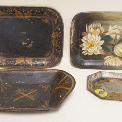 1095	GROUP OF ASSORTED ANTIQUE TOLE DECORATED TRAYS, SOME W/PAINT LOSS, LARGEST APPROXIMATELY 12 IN X 10 IN
