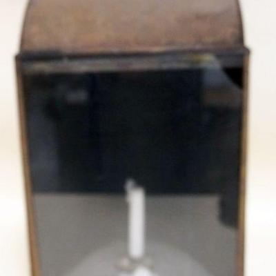1091	LARGE ANTIQUE TIN HANGING CANDLE LANTERN W/GLASS FRONT, GLASS BROKE ON TOP RIGHT, APPROXIMATELY 12 IN X 10 IN X 20 IN HIGH
