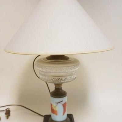 1201	ANTIQUE KEROSENE LAMP W/HAND PAINTED BASE, BURNER ELECTRIFIED, APPROXIMATELY 23 IN HIGH
