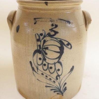 1064	N WHITE & CO BINGHAMTON STONEWARE CROCK, 3 GAL, BLUE DECORATED, INCISED ON BACK N WHITE & CO BINGHAMTON 2, APPROXIMATELY 11 IN HIGH
