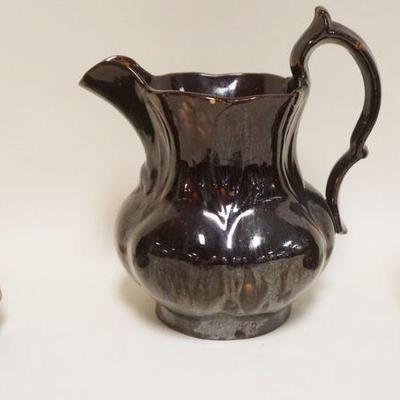1215	BROWN GLAZED PITCHER & 2 SMALL BENNINGTON POTTERY TOBIES, TALLEST APPROXIMATELY 10 IN
