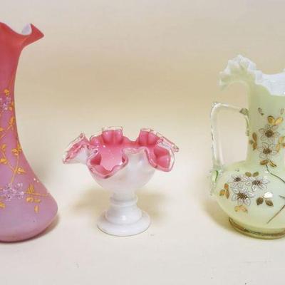 1012	LOT OF 3 PAINT DECORATED CASED GLASS VASES & COMPOTE, LARGEST APPROXIMATELY 10 IN

