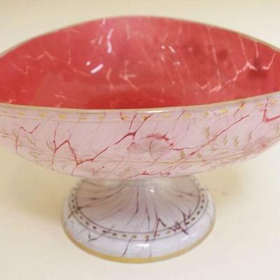 1015	CRANBERRY CASED GLASS COMPOTE W/GILT FLORAL DECORATIONS, APPROXIMATELY 8 IN X 8 1/4 IN X 5 1/4 IN HIGH
