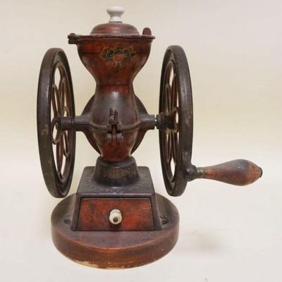 1063	SMALL ANTIQUE ENTERPRISE DOUBLE WHEEL COFFEE GRINDER, APPROXIMATELY 14 IN HIGH
