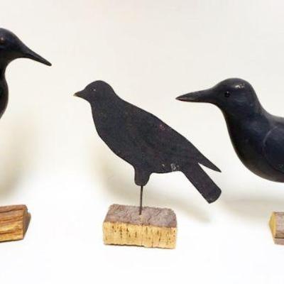 1199	LOT OF 3 FOLK ART CARVED & SCROLL SAW CUT CROWS PERCHED ON WOOD BASES, TALLEST APPROXIMATELY 15 IN HIGH
