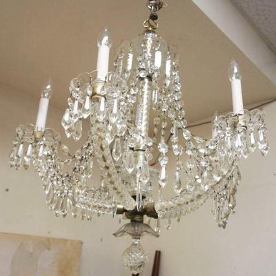 1035	CRYSTAL CHANDELIER W/CURVED GLASS ARMS AND PRISMS, APPROXIMATELY 27 IN
