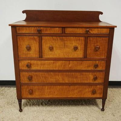 1261	ANTIQUE COUNTRY SHERATON CHERRY CHEST, 8 DRAWER W/TIGER MAPLE DRAWER FRONTS & BACK SPLASH, APPROXIMATELY 20 IN X 46 IN X 49 1/2 IN
