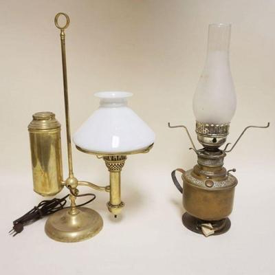 1327	2 BRASS TABLE LAMPS, ONE STUDENT STYLE, TALLEST APPROXIMATELY 20 IN
