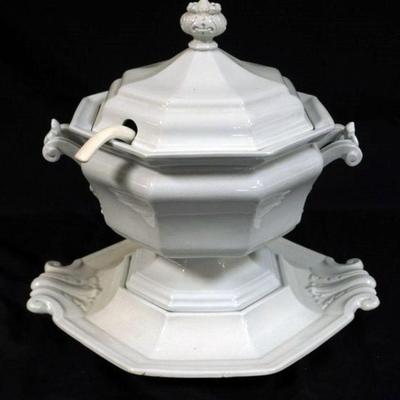 1146	LARGE IRONSTONE COVERED TUREEN W/UNDERPLATE, APPROXIMATELY 18 1/2 IN HIGH
