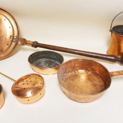 1059	LOT OF ASSORTED COPPER INCLUDING ANTIQUE BED WARMER, PANS & TRAY
