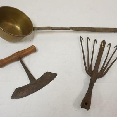 1193	PRIMITIVE LOT INCLUDING EEL GIG, BRASS LADLE & CHOPPER

