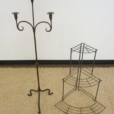 1276	HAND FORGED IRON FLOOR STANDING CANDLE HOLDER & WIRE CORNER SHELF

