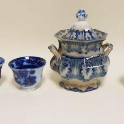 1212	GROUP OF ANTIQUE BLUE & WHITE TRANSFERWARE, 4 HANDLESS CUPS, COVERED SUGAR, SALT & PEPPER, SUGAR APPROXIMATELY 5 1/2 IN HIGH
