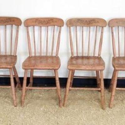 1237	SET OF 8 SALMON PAINT COUNTRY PLANK BOTTOM CHAIRS W/STENCILED BACKS
