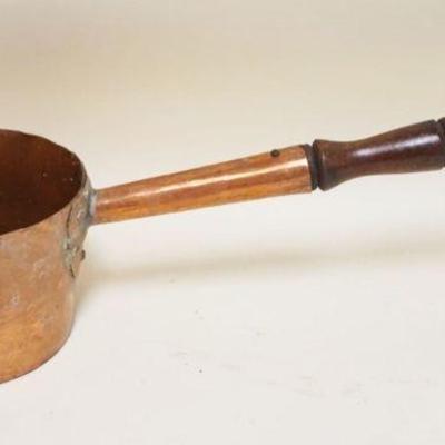 1050	LARGE ANTIQUE COPPER LADLE W/SPOUT, DOVETAILED BOTTOM & WOOD HANDLE, APPROXIMATELY 25 IN LONG X 7 IN HIGH OVERALL
