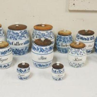 1047	ASSORTED LOT OF BLUE & WHITE POTTERY CANISTERS & SALT BOXES, LARGEST PIECE APPROXIMATELY 11 1/2 IN HIGH
