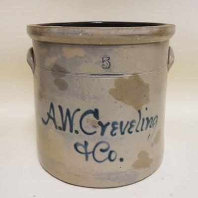 1066	AW CREVELING & CO STONEWARE CROCK, 5 GAL, BLUE SCRIPT, APPROXIMATELY 12 1/4 IN HIGH
