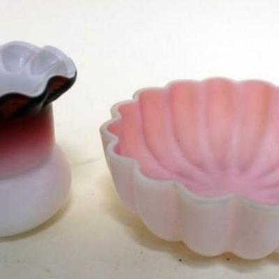 1330	2 PINK SATIN CASED GLASS SMALL BOWL AND TOOTH PICK, TALLEST APPROXIMATELY 2 1/2 IN 
