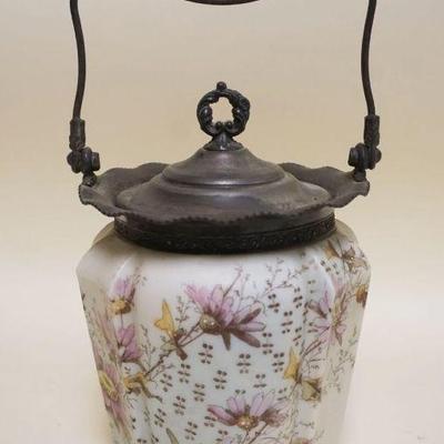 1010	VICTORIAN SATIN GLASS BISCUIT JAR W/ORNATE METAL BAIL & FLORAL DESIGN, APPROXIMATELY 9 1/2 IN HIGH
